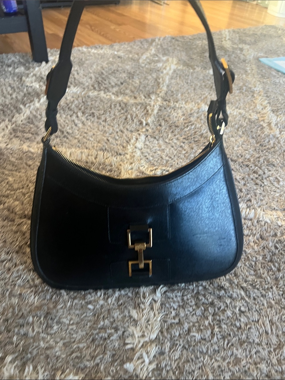 Gucci Black Leather Shoulder Bag with Gold Buckle